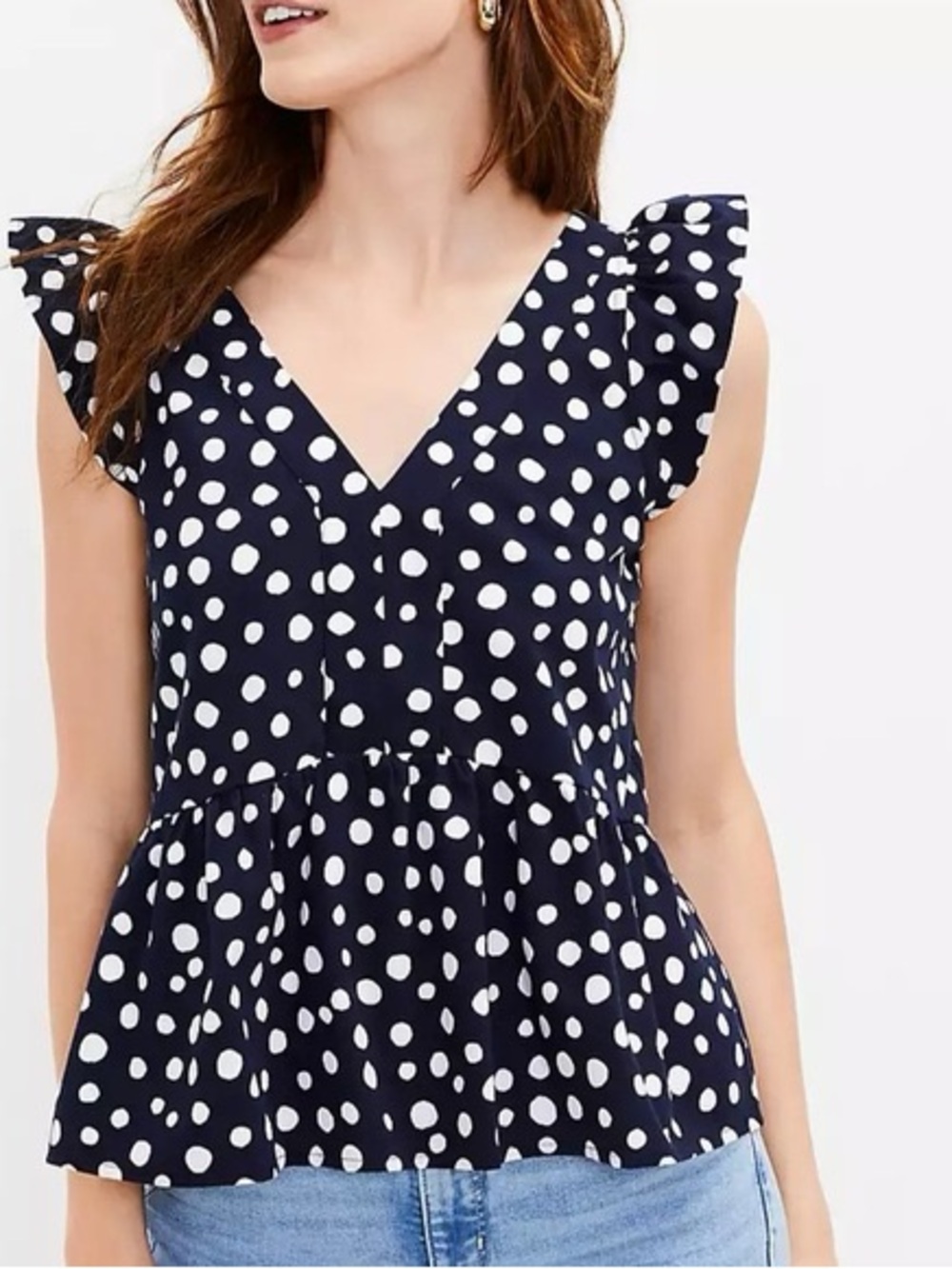 Loft Polka Dot V-Neck Peplum Top L